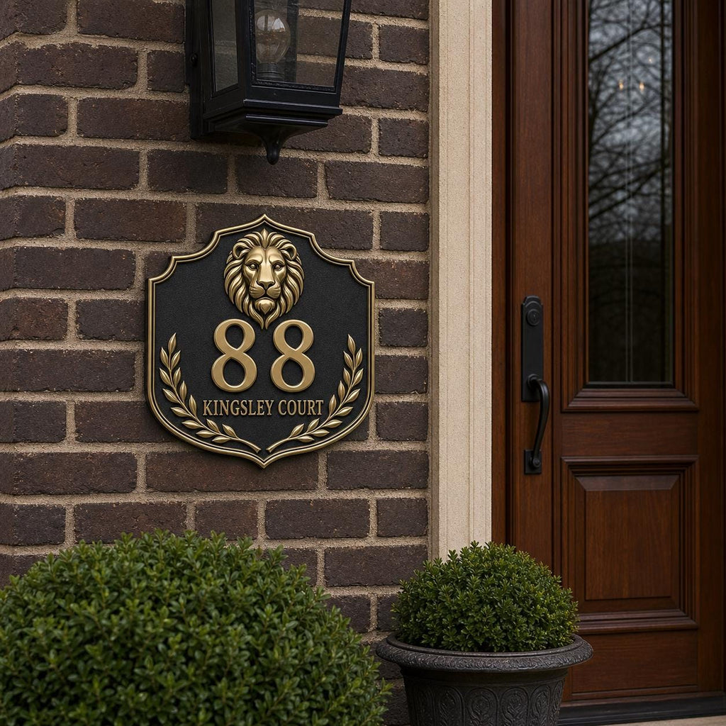 Lion Crest Shield Address Plaque in Antique Brass