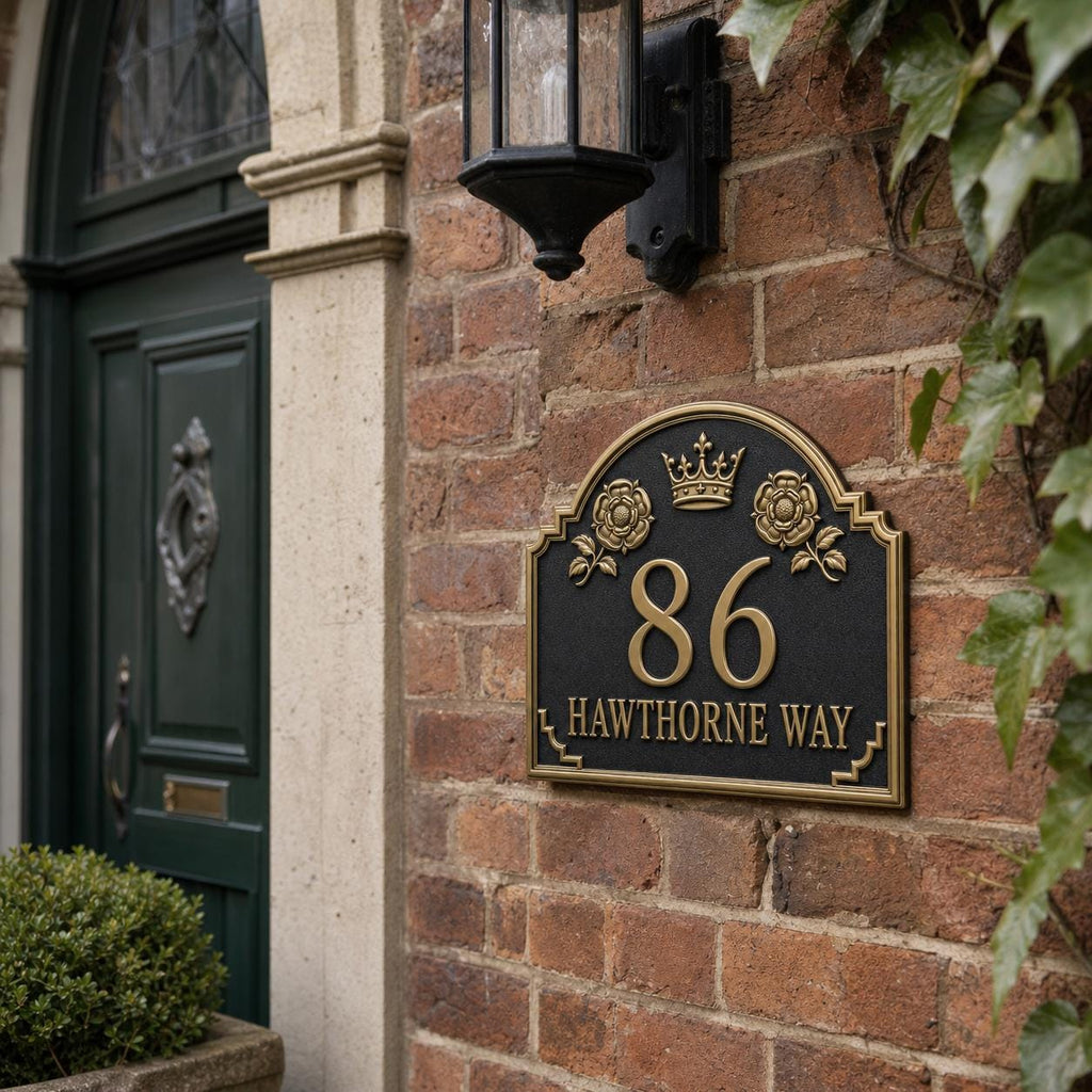 Crown and Rose Address Plaque in Antique Brass
