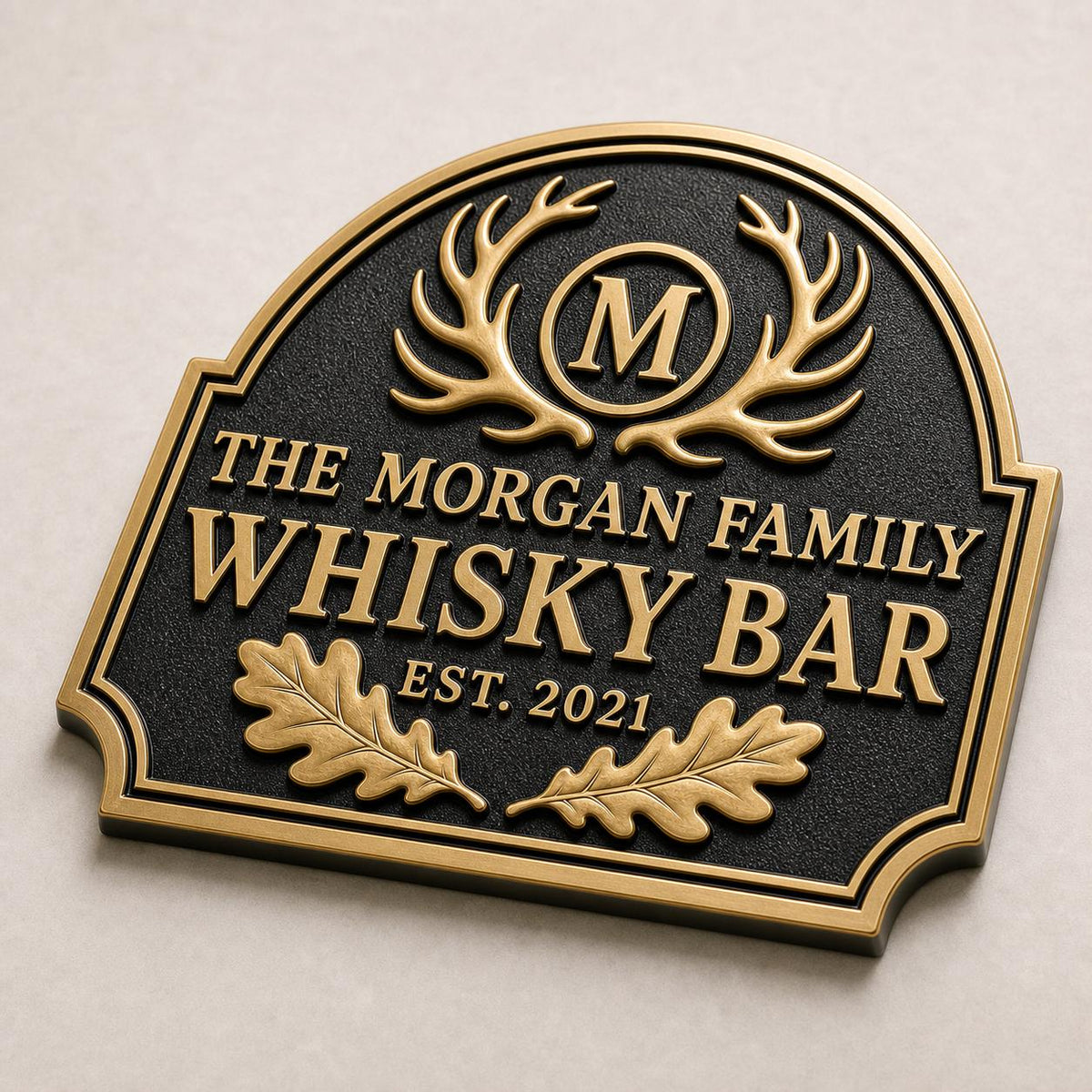 Personalized Home Bar Sign – Antique Brass Crossed Antlers