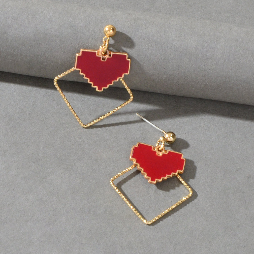 Fashion Design Red Enamel Heart Gold Square Dangle Earrings Party Trendy Jewelry