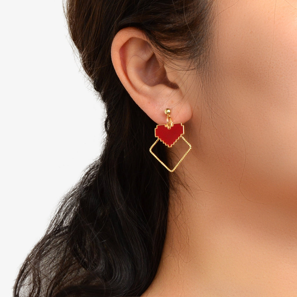 Fashion Design Red Enamel Heart Gold Square Dangle Earrings Party Trendy Jewelry