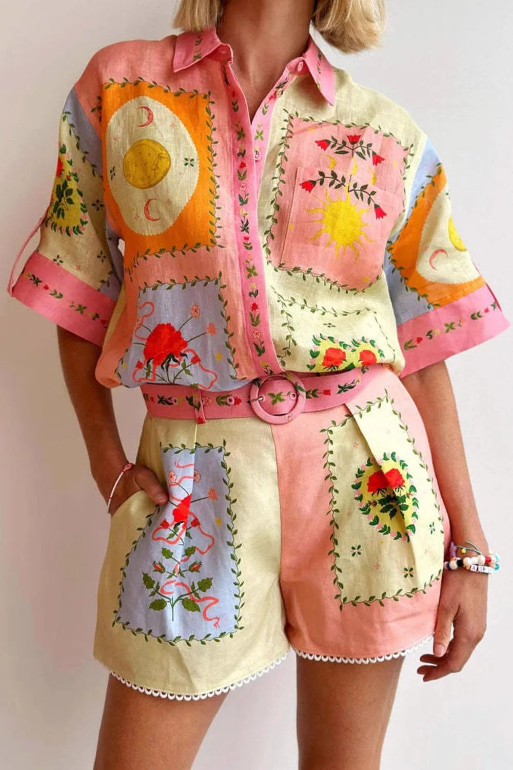 Printed Short Sleeve Shirt and Shorts Set - n/a at Dealshubindia