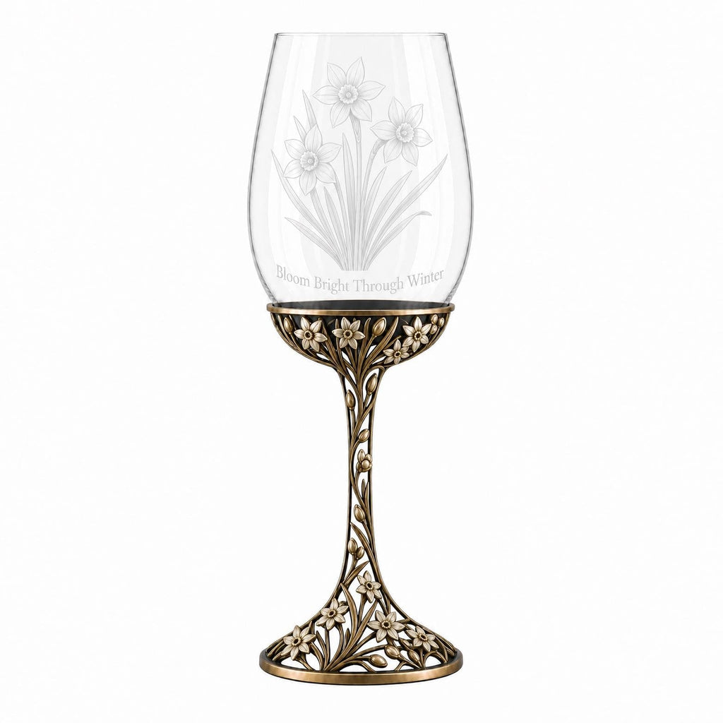 December Narcissus Wine Glass, Personalised Birth Flower, Openwork Brass Stem, Custom Etched Gift