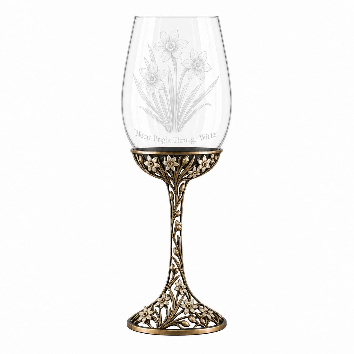 December Narcissus Wine Glass, Personalised Birth Flower, Openwork Brass Stem, Custom Etched Gift