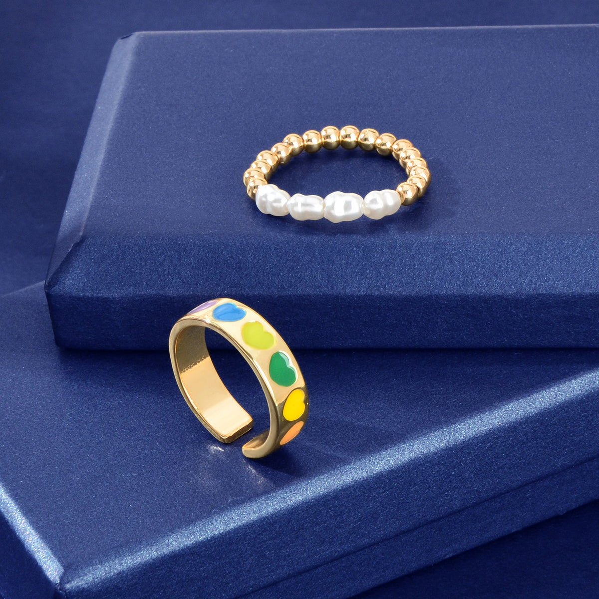 Elastic heart finger ring set, gold bead band with white pearls and multicolor enamel band