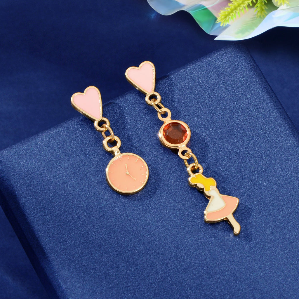 Cartoon Pink Heart Clock Dancer Asymmetric Drop Earrings Women Girls Dainty Gift