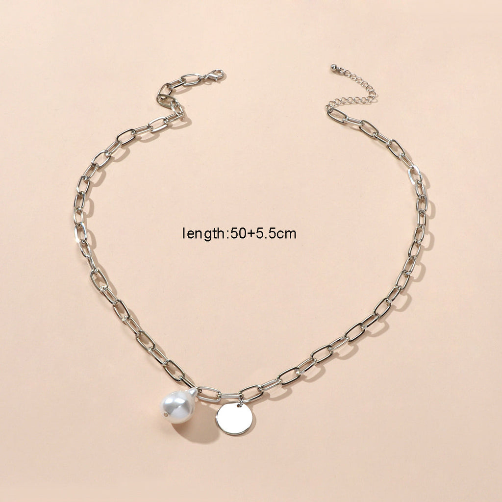 Trendy Jewelry Silver Chain Pearl Disc Charm Necklace Party Decoration for Women