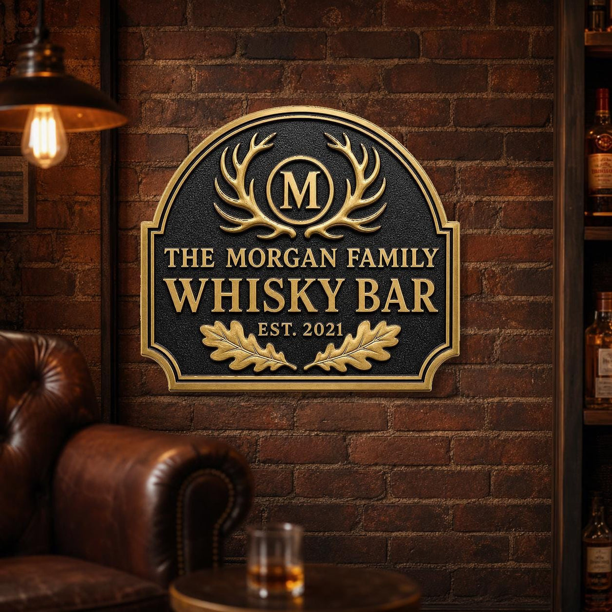 Personalized Home Bar Sign – Antique Brass Crossed Antlers