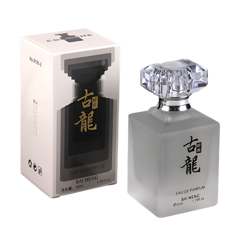 Men's floral eau de parfum bottle with faceted silver cap, in a product box