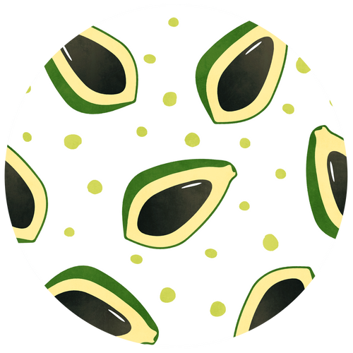 Baby swing seat fabric with avocado print, green shapes on white with lime dots