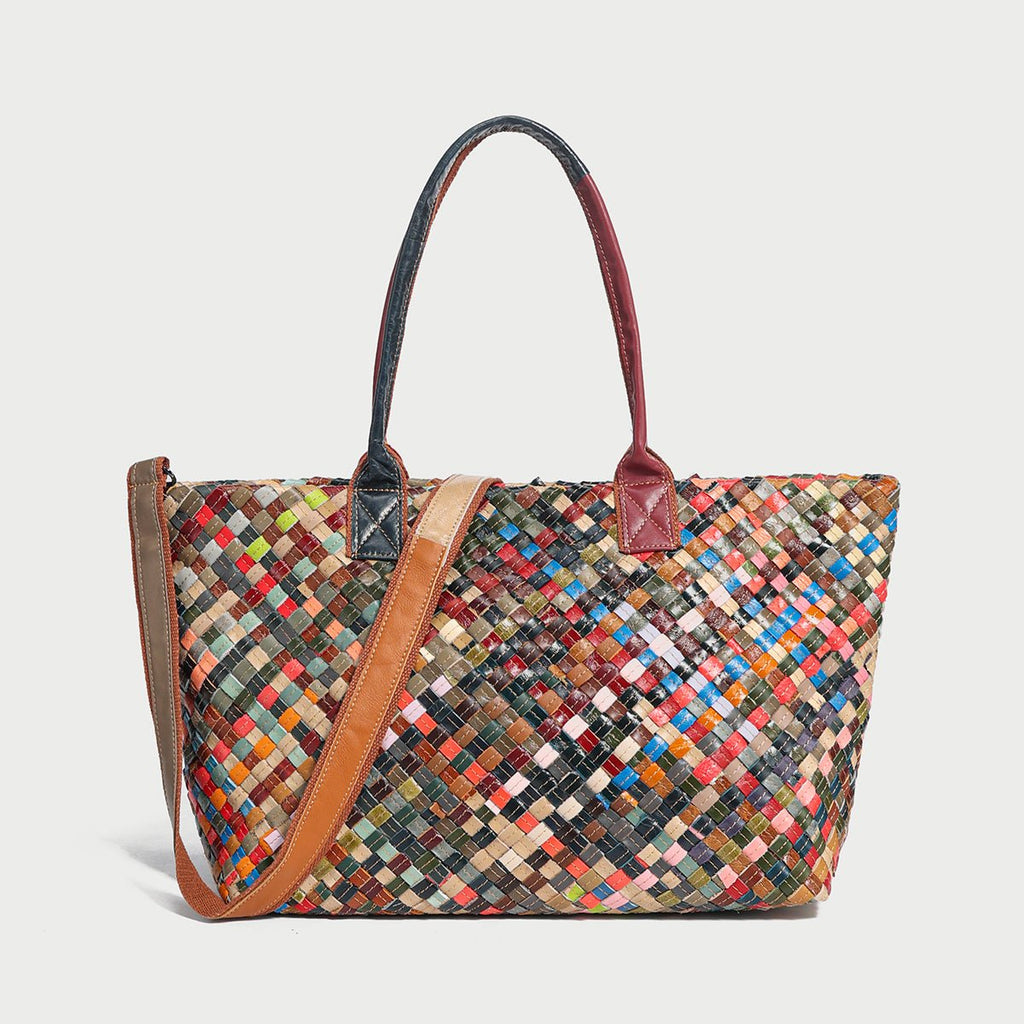 Flamboyant Multicolor Woven Leather Tote Bag – French-Chic Cowhide Braided Shoulder & Crossbody - Totes at Dealshubindia