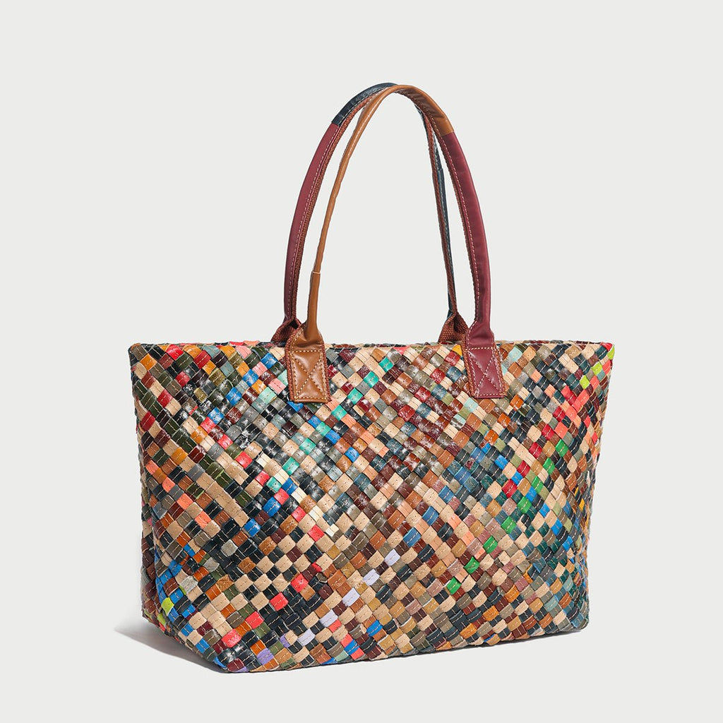 Flamboyant Multicolor Woven Leather Tote Bag – French-Chic Cowhide Braided Shoulder & Crossbody - Totes at Dealshubindia