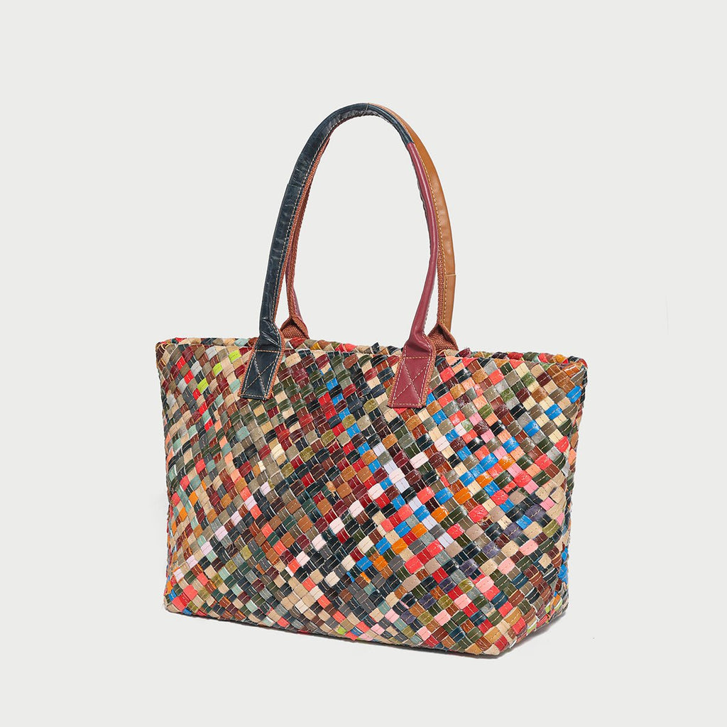 Flamboyant Multicolor Woven Leather Tote Bag – French-Chic Cowhide Braided Shoulder & Crossbody - Totes at Dealshubindia