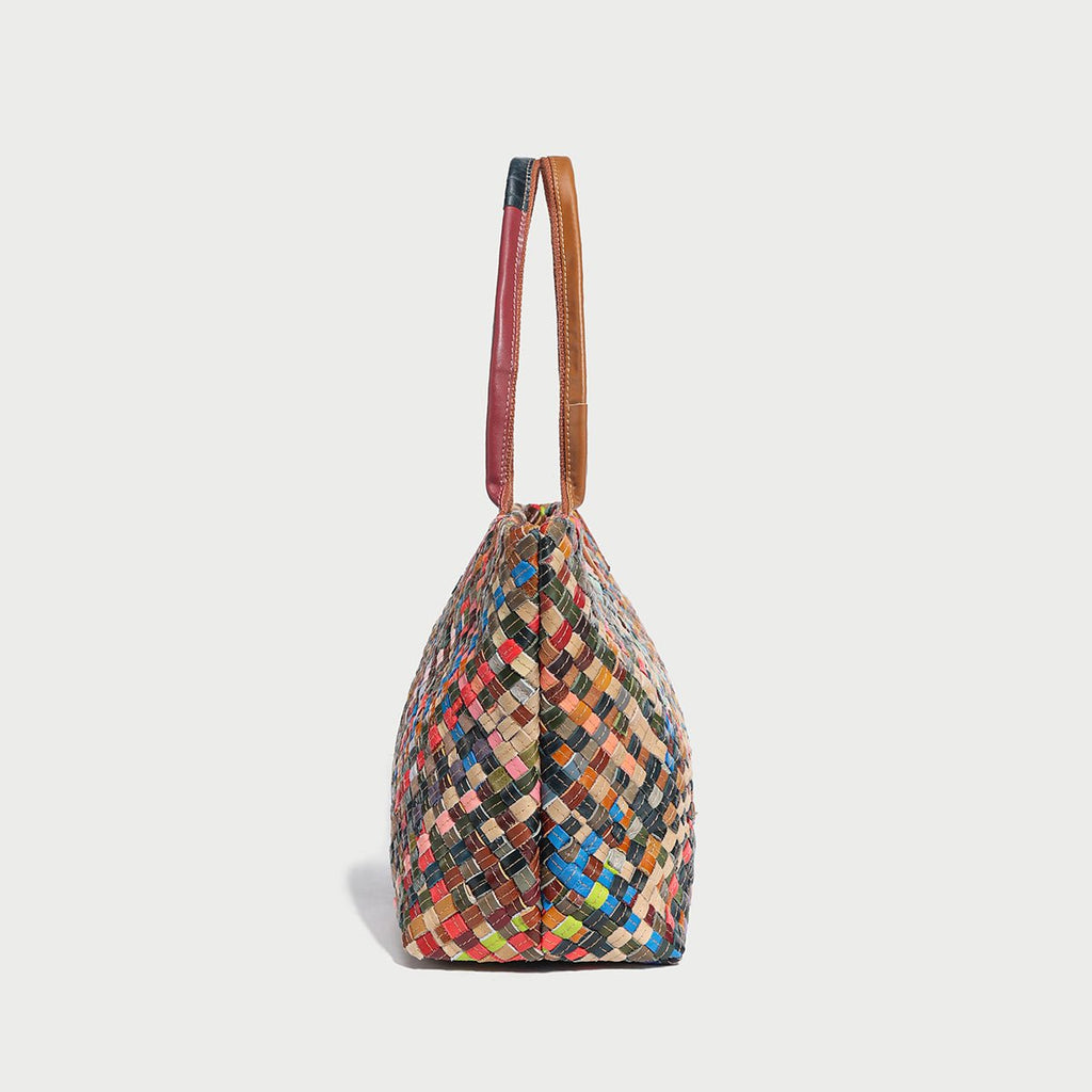 Flamboyant Multicolor Woven Leather Tote Bag – French-Chic Cowhide Braided Shoulder & Crossbody - Totes at Dealshubindia