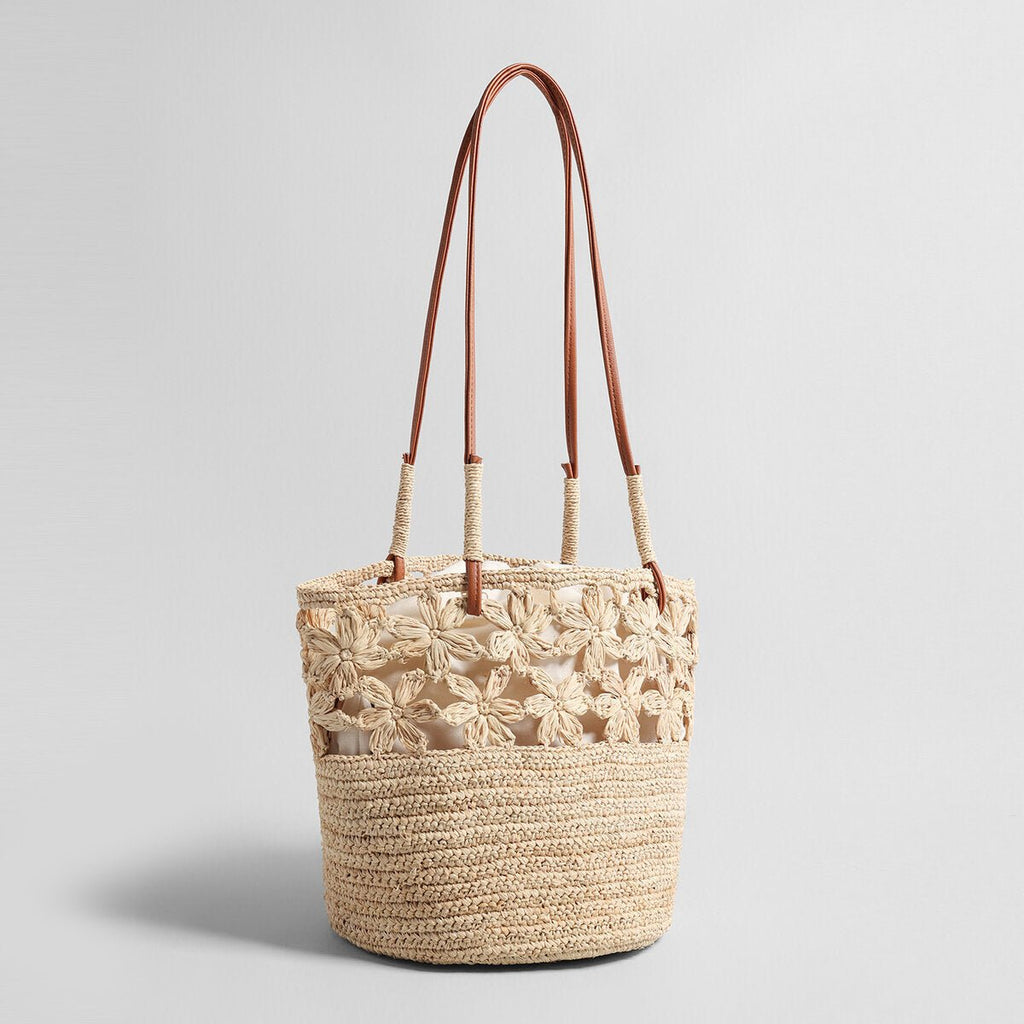 Floral Crochet Woven Straw Tote Bag – Marte Grass Leather Trim Shoulder Bag - Totes at Dealshubindia