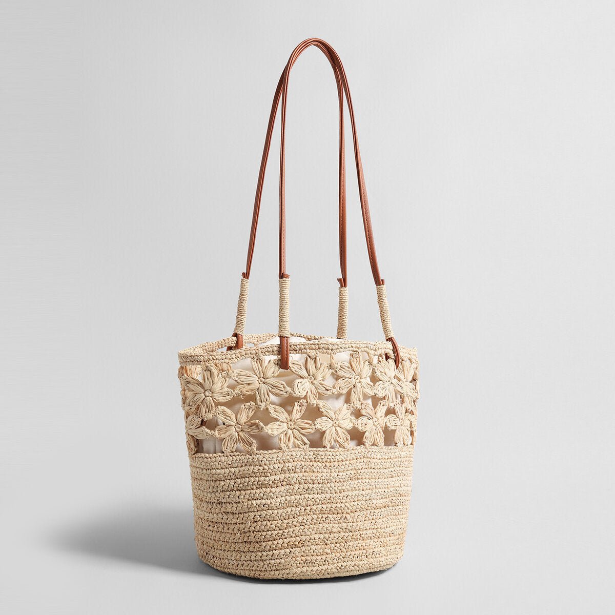 Floral Crochet Woven Straw Tote Bag – Marte Grass Leather Trim Shoulder Bag - Totes at Dealshubindia