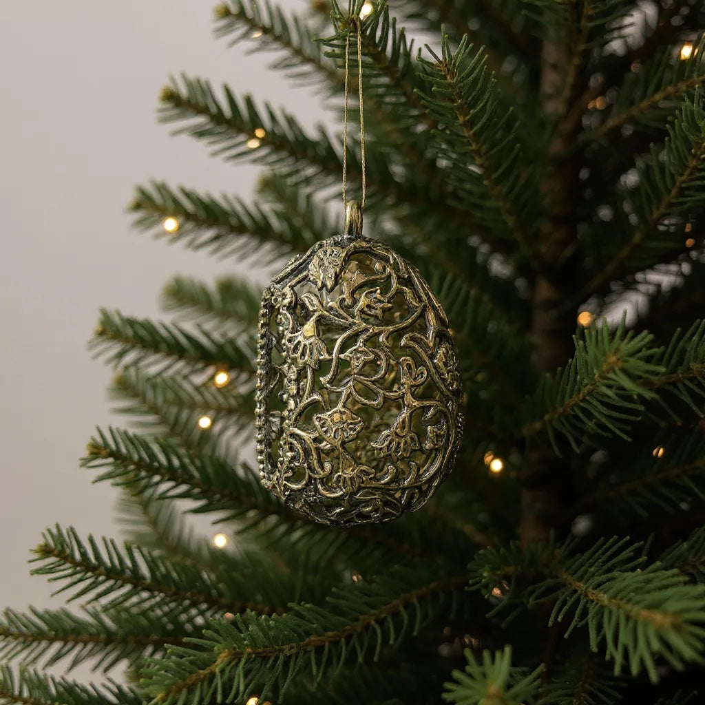 Floral Egg Christmas Ornament | Metallic Tree Decoration in Gold, Silver & Antique | Set of 2 or 4