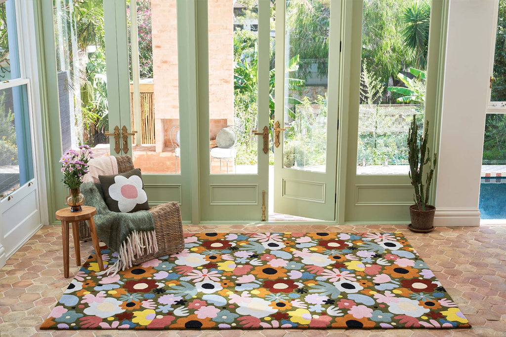 Luxury Wool Rug | Olive Green, Blush Pink & Burnt Orange | Wool | Florawhirl by Rugfine