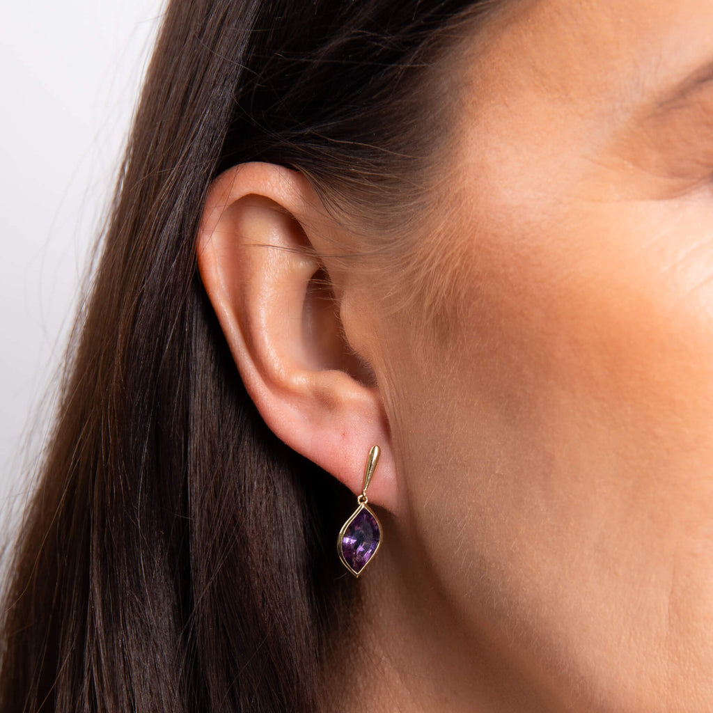 Elements Gold Flame Cut Amethyst Drop Earrings-1