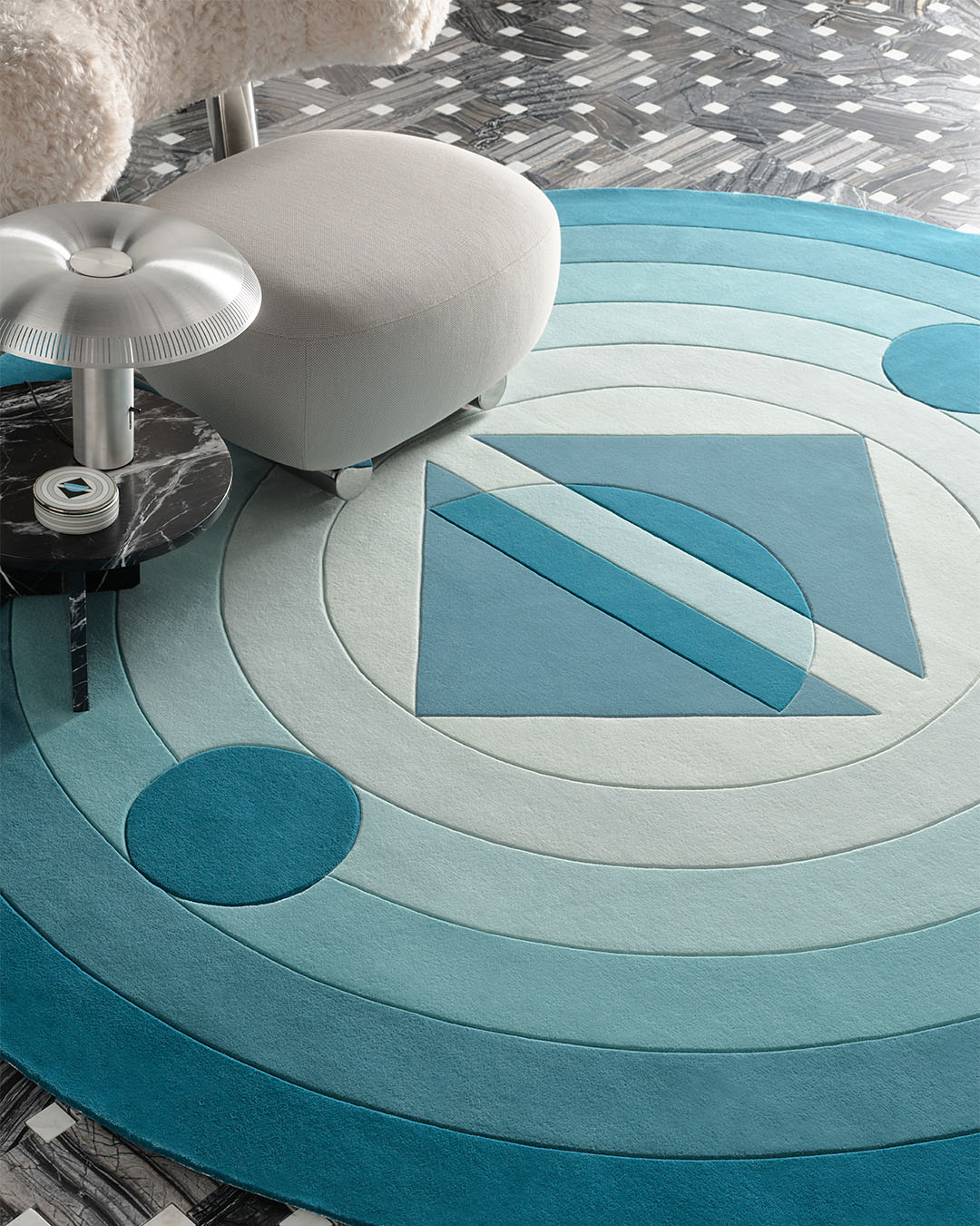 Hand Tufted Half Moon Geometric Round Wool Rug | Petrol Blue & Cream | Gerbit by Rugfine