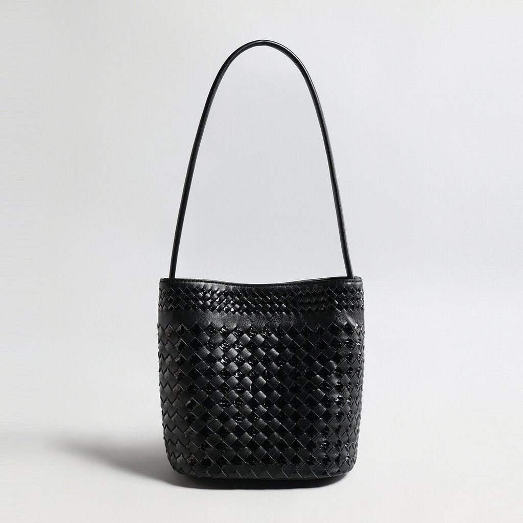 Hand-Woven Lambskin Bucket Bag – Two-Tone Intrecciato Weave with Slim Shoulder Strap - Buckets at Dealshubindia