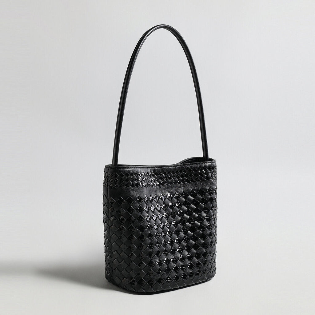 Hand-Woven Lambskin Bucket Bag – Two-Tone Intrecciato Weave with Slim Shoulder Strap - Buckets at Dealshubindia