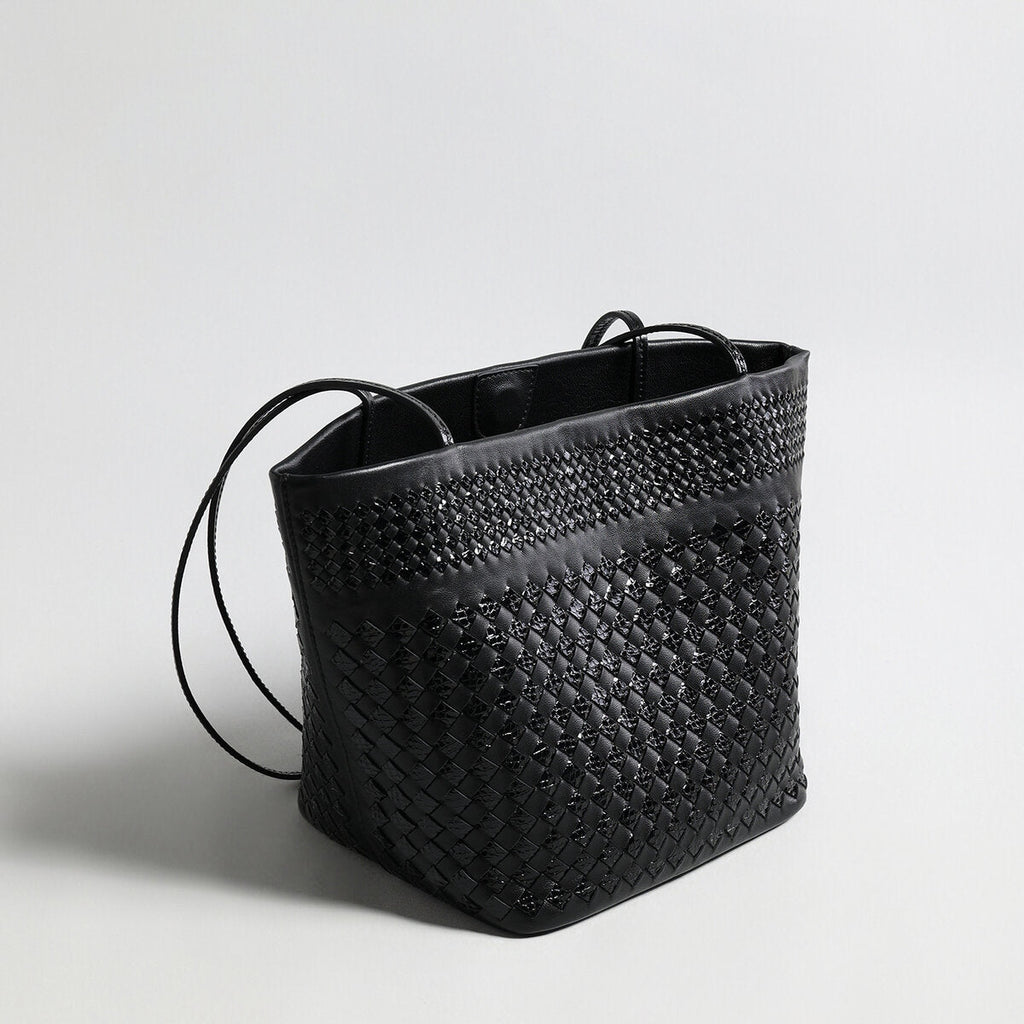 Hand-Woven Leather Tote Bag – Two-Tone Intrecciato Weave with Drawstring Inner Pouch - Totes at Dealshubindia
