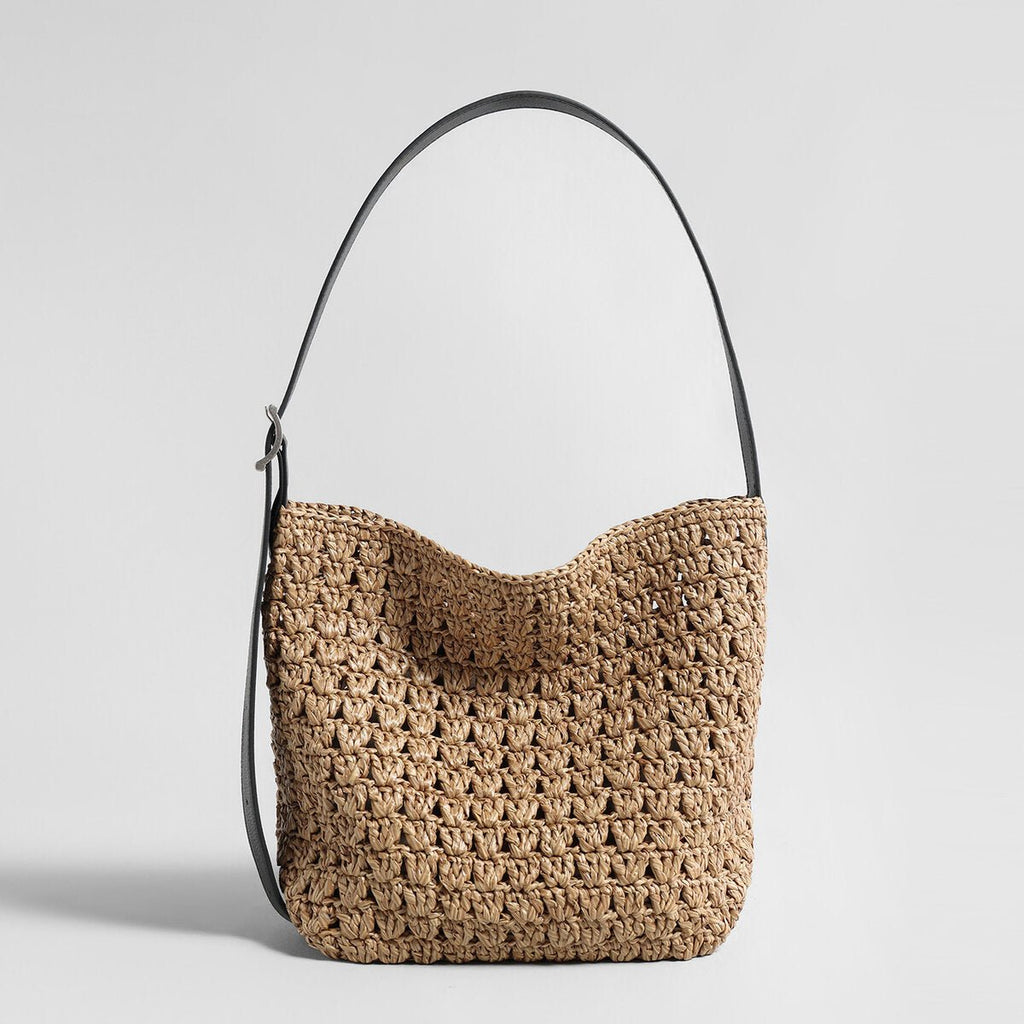 Hand-Woven Raffia Bucket Bag – Adjustable Leather Strap with Drawstring Inner Pouch - Buckets at Dealshubindia