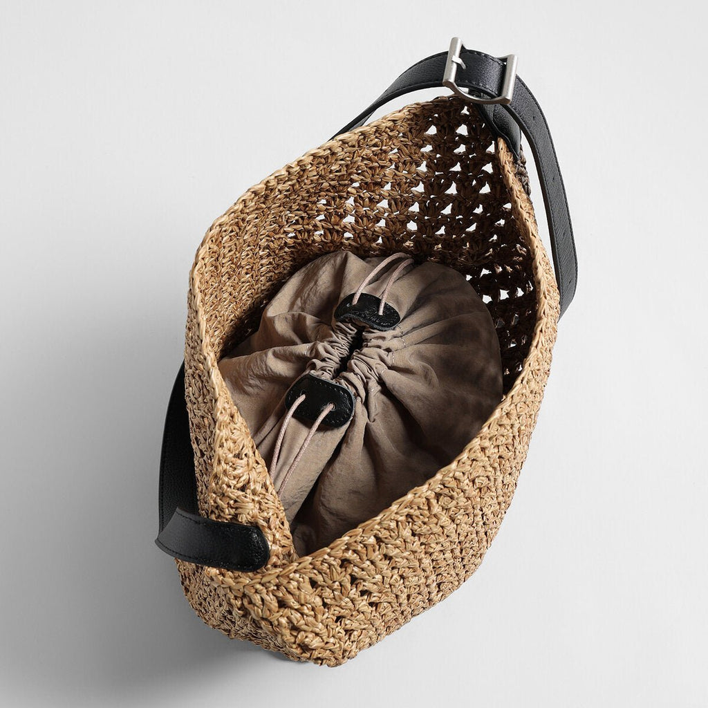 Hand-Woven Raffia Bucket Bag – Adjustable Leather Strap with Drawstring Inner Pouch - Buckets at Dealshubindia