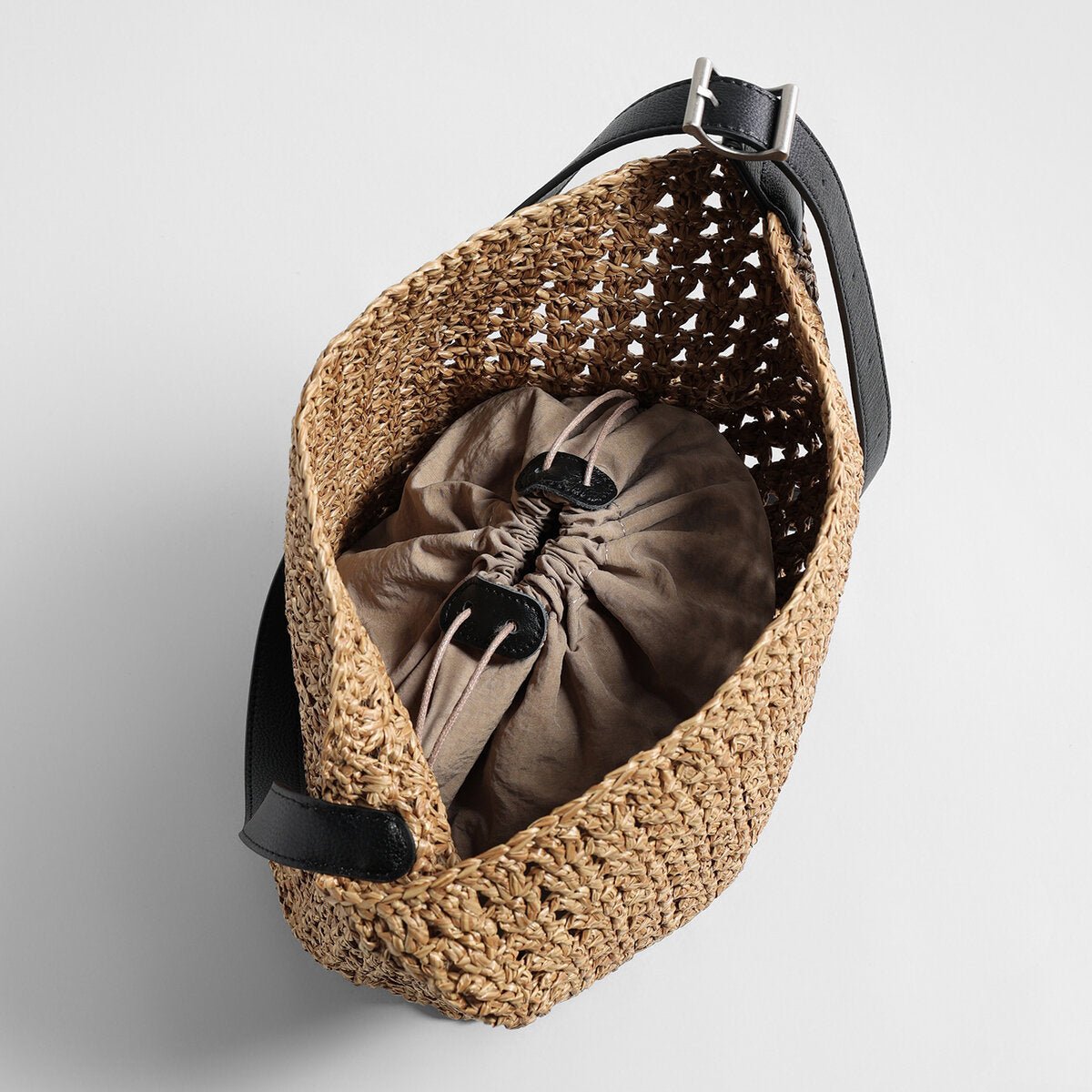Hand-Woven Raffia Bucket Bag – Adjustable Leather Strap with Drawstring Inner Pouch - Buckets at Dealshubindia