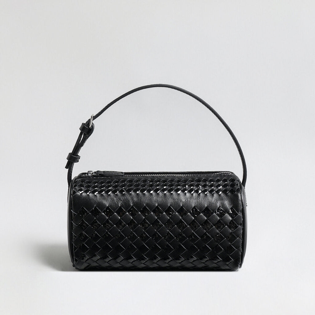 Hand-Woven Sheepskin Leather Cylinder Bag – Two-Tone Intrecciato Barrel with Adjustable Strap - Shoulder Bags at Dealshubindia