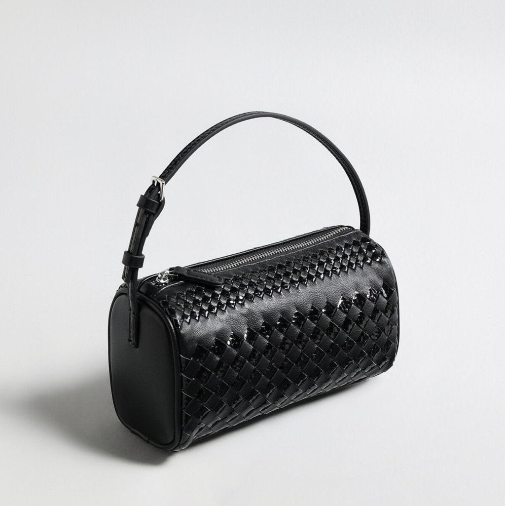Hand-Woven Sheepskin Leather Cylinder Bag – Two-Tone Intrecciato Barrel with Adjustable Strap - Shoulder Bags at Dealshubindia