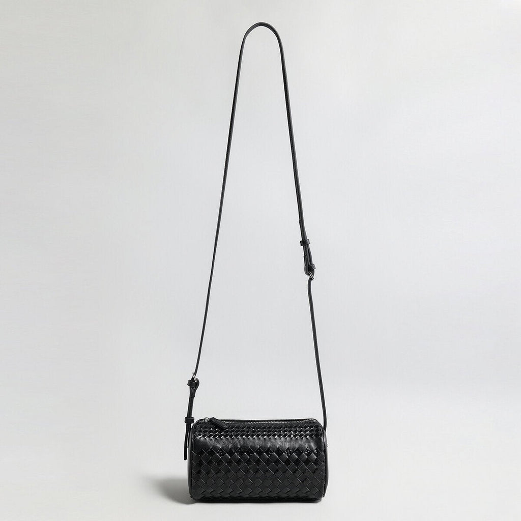 Hand-Woven Sheepskin Leather Cylinder Bag – Two-Tone Intrecciato Barrel with Adjustable Strap - Shoulder Bags at Dealshubindia