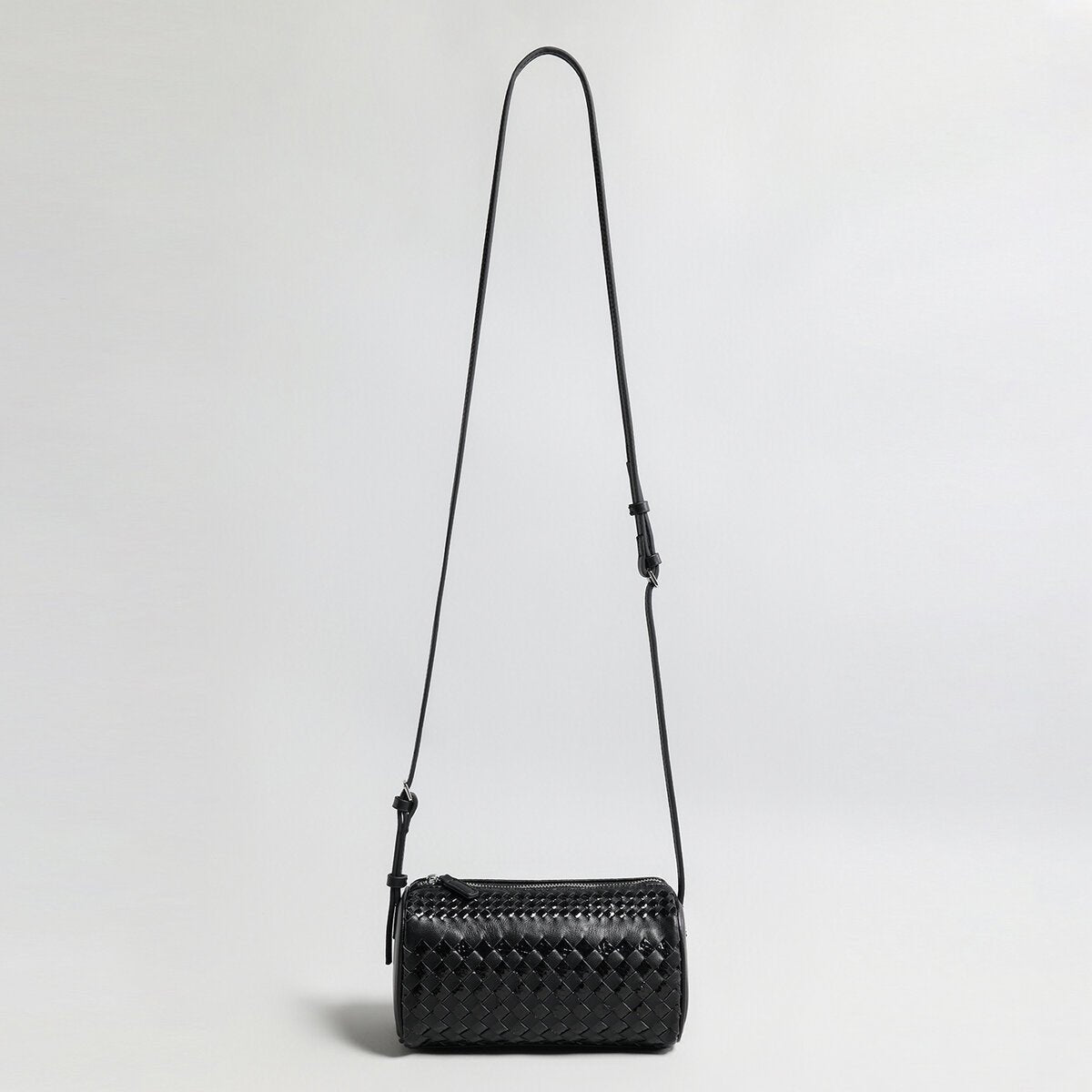 Hand-Woven Sheepskin Leather Cylinder Bag – Two-Tone Intrecciato Barrel with Adjustable Strap - Shoulder Bags at Dealshubindia