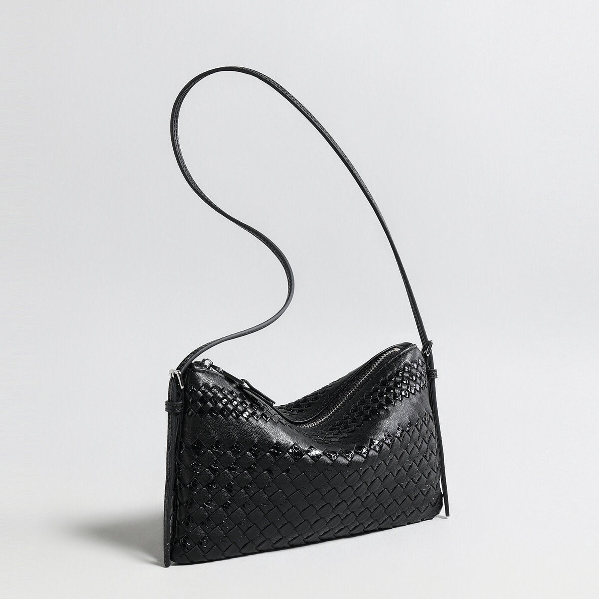 Hand-Woven Sheepskin Leather Shoulder Bag – Two-Tone Intrecciato Weave - Shoulder Bags at Dealshubindia
