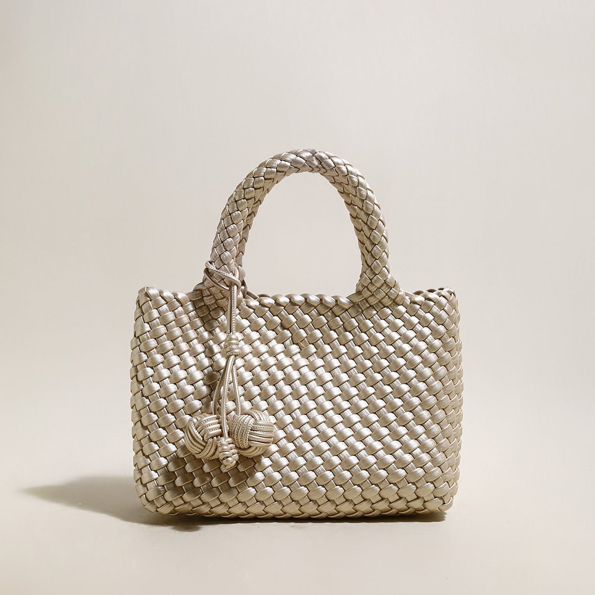 Happy Mini Woven Leather Top Handle Bag – Artisan Handwoven Structured Mini Tote with Knotted Charm - Top Handles at Dealshubindia