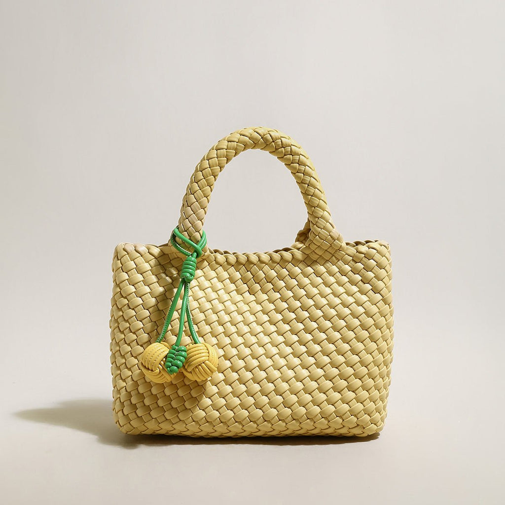 Happy Mini Woven Leather Top Handle Bag – Artisan Handwoven Structured Mini Tote with Knotted Charm - Top Handles at Dealshubindia