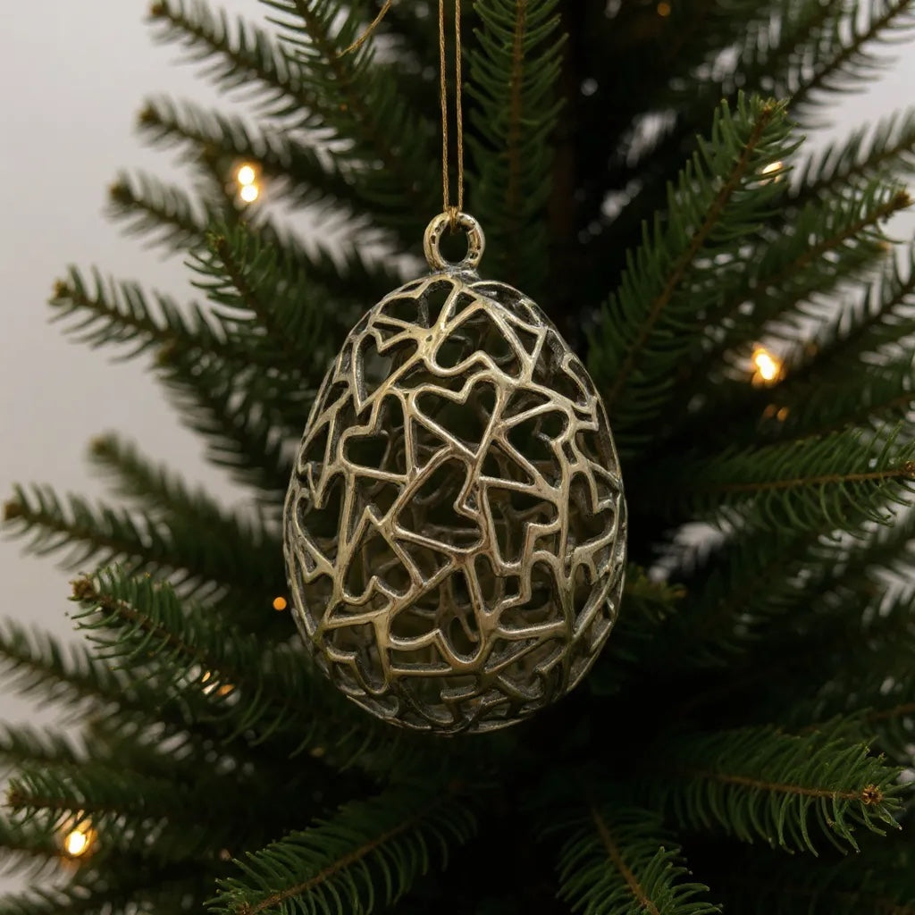 Heart Egg Christmas Ornament | Metallic Holiday Bauble in Gold, Silver & Antique | Set of 2 or 4