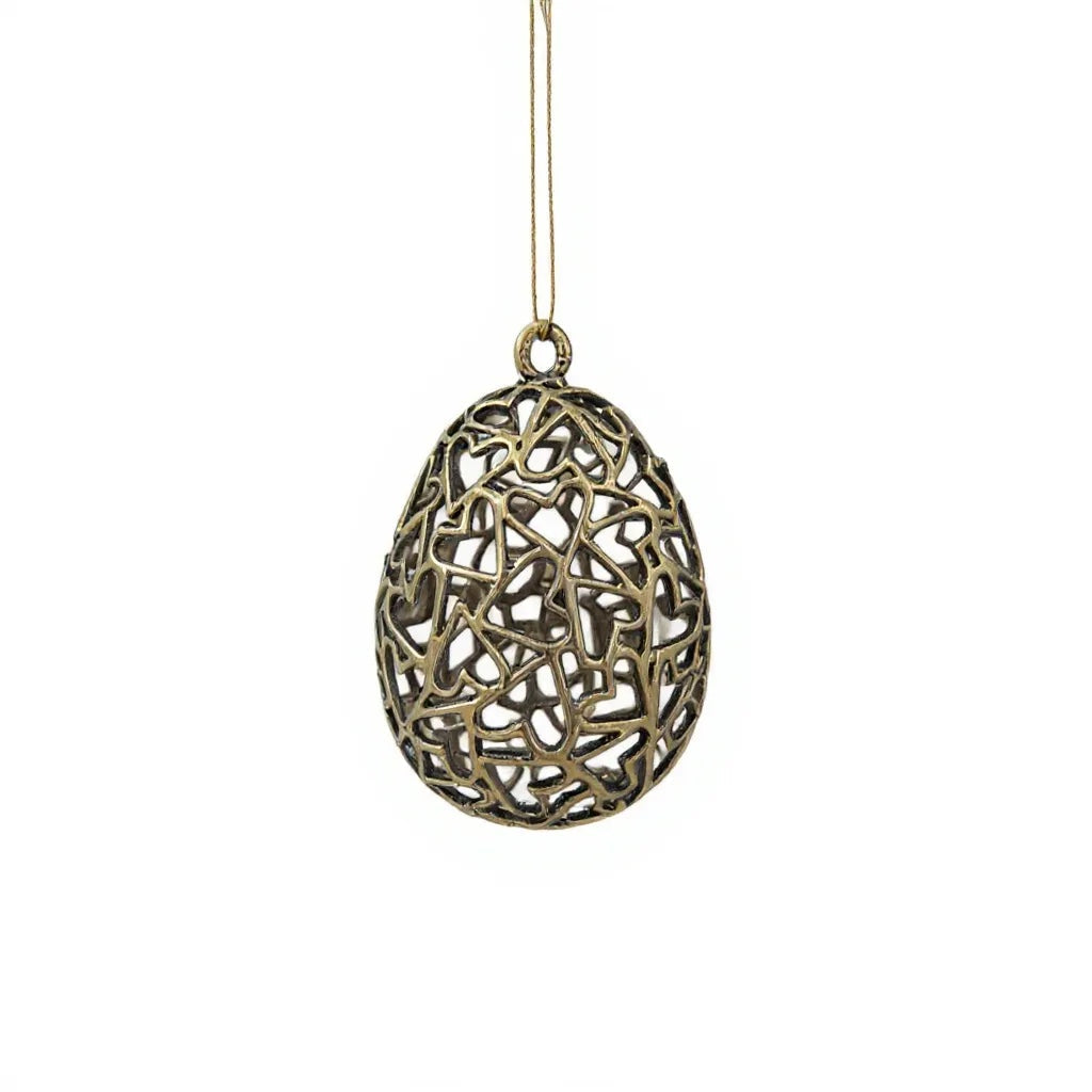 Heart Egg Christmas Ornament | Metallic Holiday Bauble in Gold, Silver & Antique | Set of 2 or 4