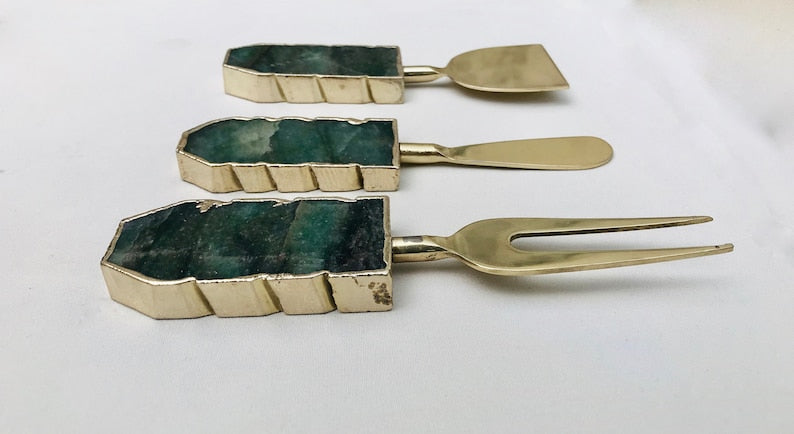 Set of 3 Green Agate Cheese Knives/Spreaders