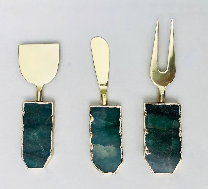 Set of 3 Green Agate Cheese Knives/Spreaders