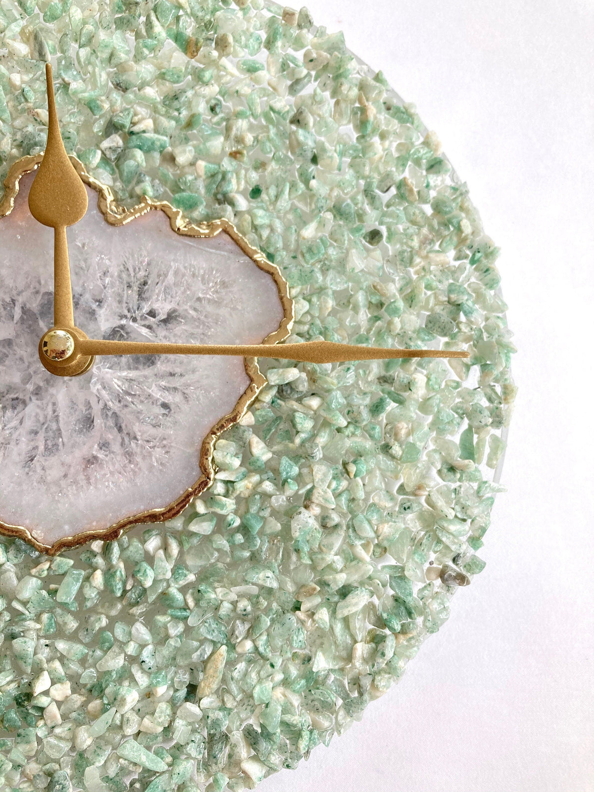 White Agate Wall Clock with Light Green Crystal Rim, 10 Inch-2
