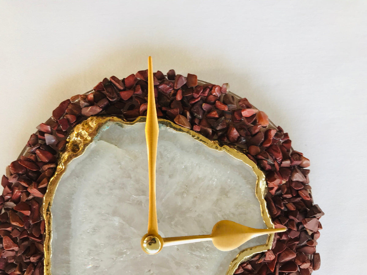 6" Diameter Burnt Red Crystal With White Agate Wall Clock