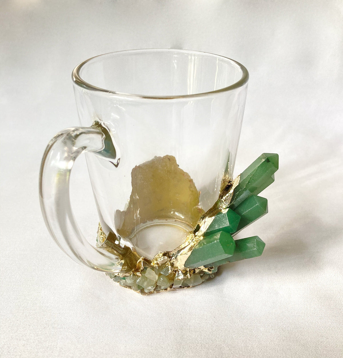 Crystal Coffee & Tea Glasses with Green Agate – Set of 1 or 2, 11 oz