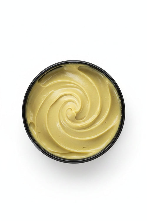 Avocado hair mask jar filled with pale yellow cream