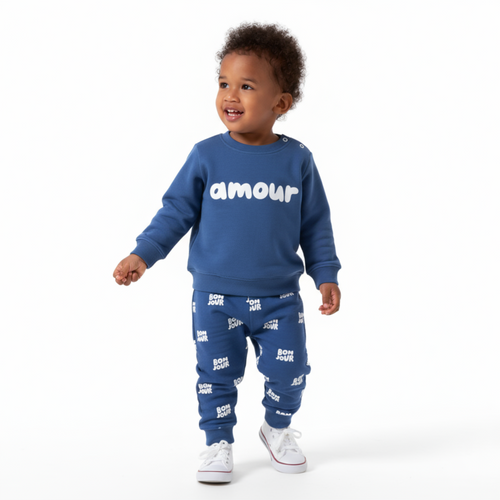 Blue cotton joggers set: 'amour' sweatshirt and logo-print jogger pants