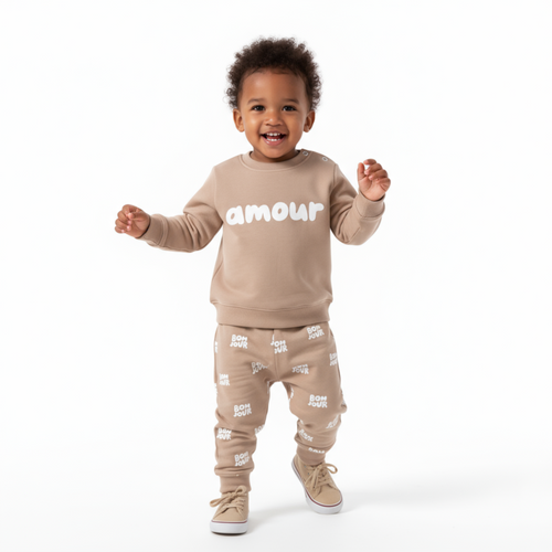 Beige cotton joggers set: 'amour' sweatshirt and logo-print jogger pants