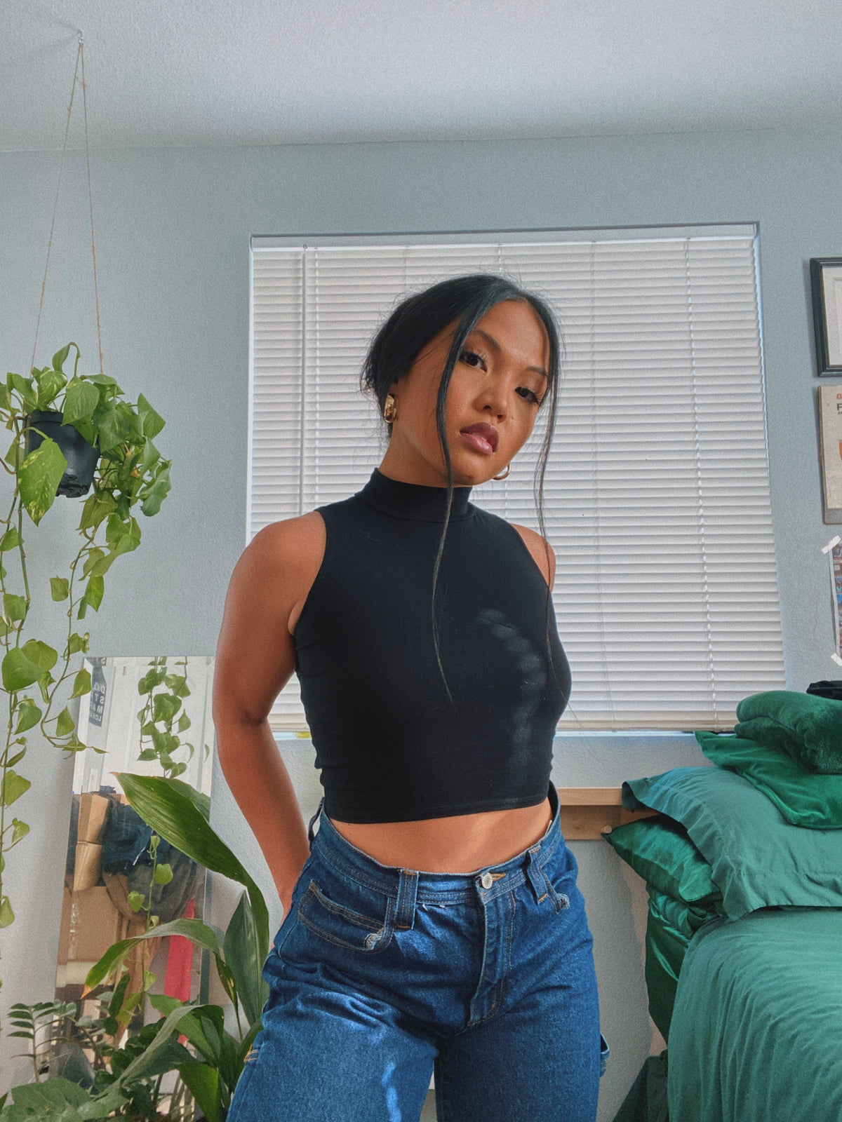 Black mock-neck sleeveless cropped muscle tank, high neckline fitted cut
