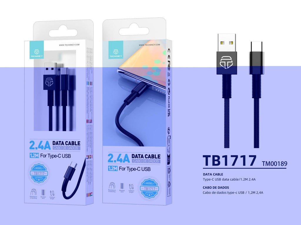 Techancy Cabo De Dados Usb- Tipo C Preto TB1717, Carregamento Rápido De 2,4 A, Liga De Alumínio + Entrançado 1,2 M
