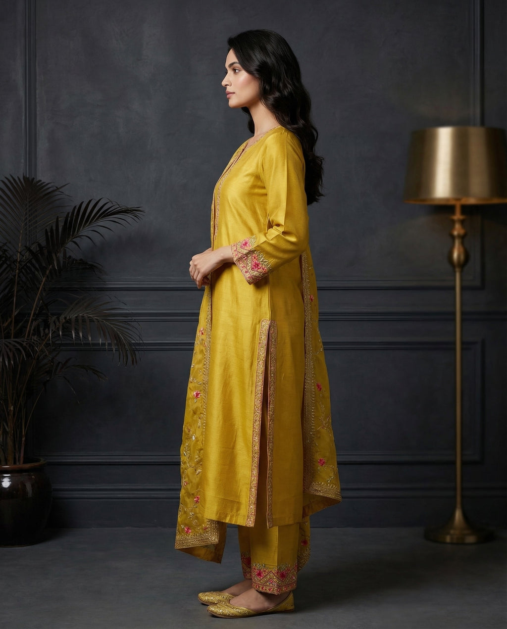 Mustard Yellow Floral Embroidered Kurta Set with Palazzo & Embroidered Organza Dupatta